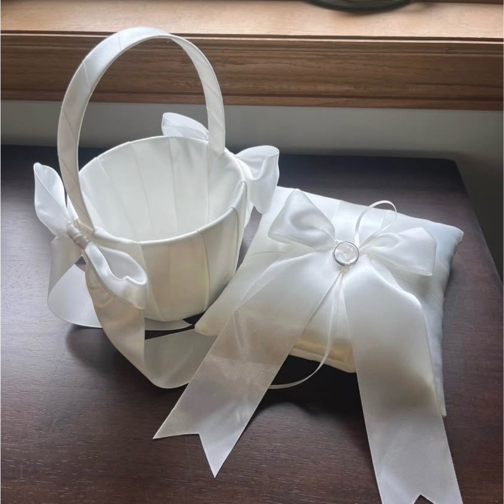 White Satin Flower Girl Basket and Ring Bearer Pillow Set